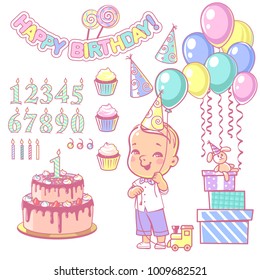Birthday party decoration set. Cake and cupcakes constructor with set of numbers, candles, gifts, garland,air balloons. Design elements. Toddler boy wearing bow tie. Vector illustration.