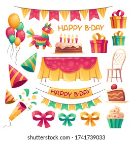 Birthday Party Decoration Set. Flags Garland, Balloons, Triangle Hats, Table And Chair For Anniversary Celebration Outside. Vector Cartoon Icons Of Holiday Banner, Cupcake With Candles And Gift Boxes