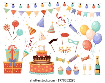 Birthday party decorations. Cartoon holiday elements set. Flags or light garlands. Carnival masks and presents. Crackers with confetti. Bunch of balloons. Vector festive sweet desserts