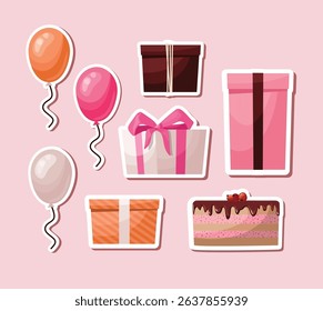 Birthday party decorations on pink background. Happy birthday sticker set.