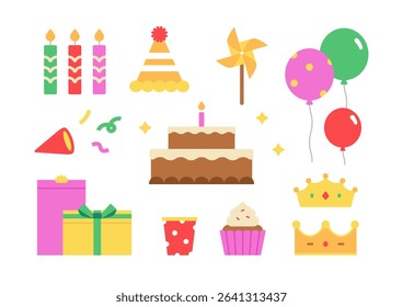 Birthday party decorative elements illustration set. Colorful birthday items pack including cake, candle, balloons, gift boxes and crowns. Cartoon style flat vector clipart collection. 