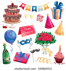 Birthday party decorative icons set of multilevel cake champagne bottle wine glasses candles gift box  flat vector illustration 