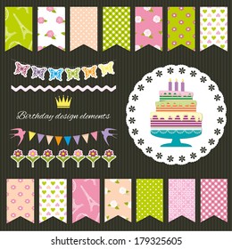 Birthday party design elements. Bunting, garland, birthday cake, doily.