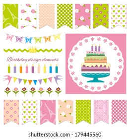 Birthday party design elements. Bunting, garland, birthday cake, doily.