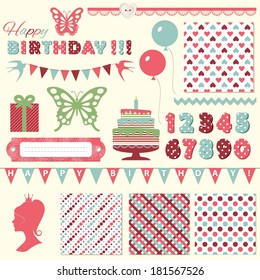 Birthday party design elements - garlands, bunting, ribbons, birthday cake, princess silhouette, four cute seamless pattern backgrounds. 