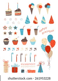 Birthday party design elements. Ornate hand-drawn birthday objects for your design. 