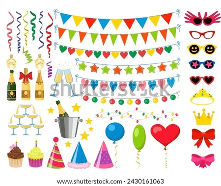 Birthday party design elements. Photo Booth party. Funny face masks and clown nose and glasses, vintage party hats, champagne glasses and birthday costume bunny ears isolated on white. Celebrating