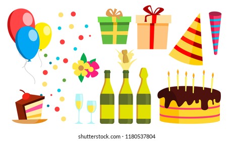 Birthday Party Design Elements Vector. Celebration Elements. Hat, Champagne, Cake, Gifts. Isolated Cartoon Illustration