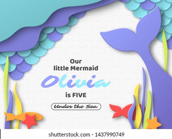 Birthday party design for little girls. Mermaid underwater composition in 3d paper cut style. Fish scales and mermaid tail elements. Place for text. Vector illustration.