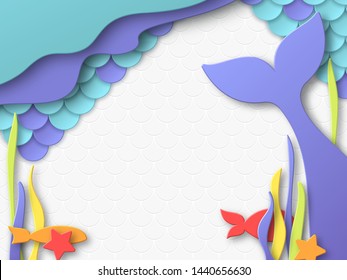 Birthday party design for little girls. Mermaid underwater composition in 3d paper cut style. Fish scales and mermaid tail elements. Place for text. Vector illustration.