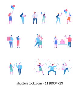Birthday party. Different people celebrate. Flat vector illustration.