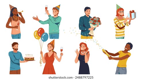 Birthday party diverse guests flat color vector icon set. Happy holiday celebrating multiracial people illustration pack on white background