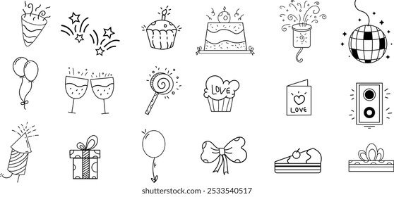 Aniversário Festa Doddle Set,Bela Coleção de gostosas guloseimas de celebração,Mão desenhado Doddle Pack,Re-color-able Scribble Pack,Desenho de design imprimível.   