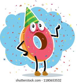 Birthday Party Donut Celebrating with Confetti. Funny pink  doughnut hosting, anniversary event

