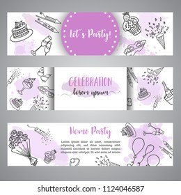 Birthday party doodle banner. Vector template banners for cards, invitation, flyer, party, wedding, brochure with hand drawn party celebration text