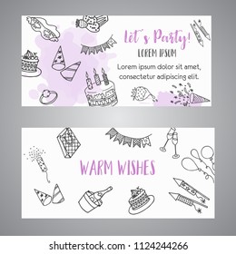Birthday party doodle banner. Vector template banners for cards, invitation, flyer, party, wedding, brochure with hand drawn party celebration text