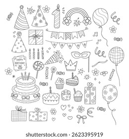 Birthday Party Doodle Cartoon Style Hand Drawn Elements Outline Coloring Page Vector