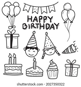 Birthday party doodle element vector collection isolated on white background 