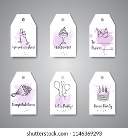 Birthday party doodle gift tags. Vector template banners for poster, invitation, flyer, party, wedding, brochure with hand drawn party