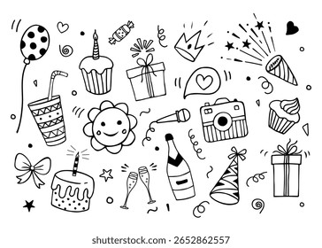 Ícone de doodle de festa de aniversário definido em estilo de desenho animado à mão. Vetor preto e branco com linhas marcadoras vivas. Inclui bolo, presentes, champanhe, balões. Perfeito para cartões de felicitações, adesivos, decoração.