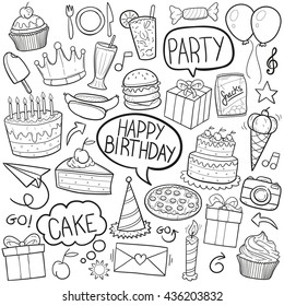 Birthday Party Doodle Icons Hand Made. Vector Illustration Sketch.