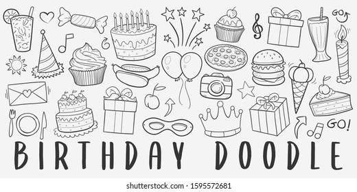 Birthday Party Doodle Line Art Illustration. Hand Drawn Vector Clip Art. Banner Set Logos.