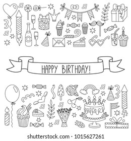 Birthday party doodle line icons  greeting template
