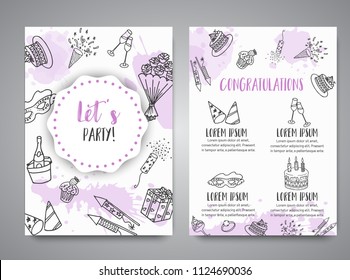Birthday party doodle posters. Vector template banners for cards, invitation, flyer, party, wedding, brochure with hand drawn party elements All night party text
