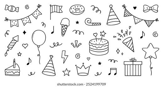 Birthday party doodle set. Holiday decoration, gift box, cake, garlands, balloons, party hats in sketch style. Hand drawn vector illustration isolated on white background.