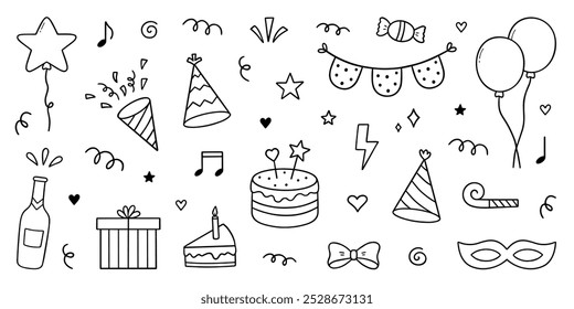 Birthday party doodle set. Holiday decoration, gift box, cake, garlands, balloons, party hats in sketch style. Hand drawn vector illustration isolated on white background.