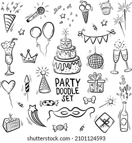Birthday party doodle set. Vector isolated hand drawn elements