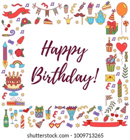 Birthday party doodle square border greeting card template