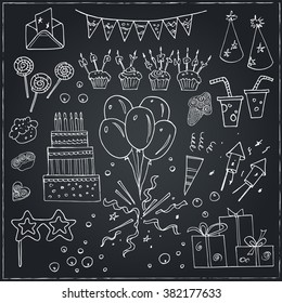 Birthday party doodles elements background. Vector illustration.