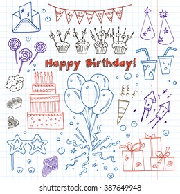Birthday party doodles elements background.  Vector illustration.