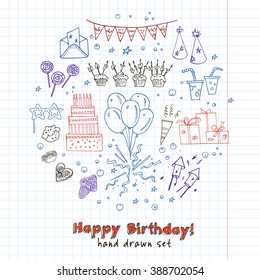 Birthday party doodles elements background. Vector illustration. Useful for invitation, cards, packaging, design and interior decorating.
