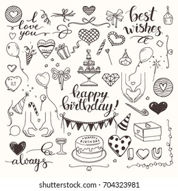 Birthday party doodles and love confession signs. Artistic collection of hand drawn birthday and wedding festive attributes & design elements: lettering, heart, cake, decoration. Isolated vector set.