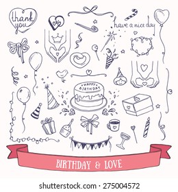 Birthday party doodles and love signs. Collection of hand drawn vector birthday and wedding festive attributes.