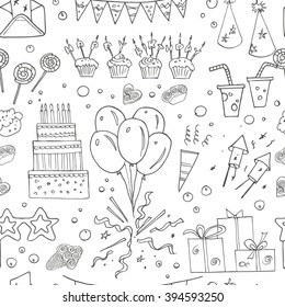Birthday party doodles seamless pattern. Vector illustration. Useful for invitation, cards, packaging, design and interior decorating.