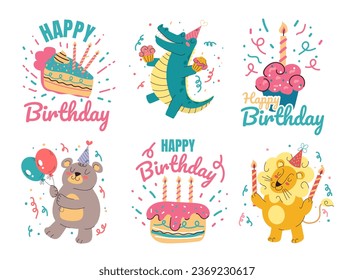 Birthday party element animal template isolated set. Vector flat graphic design illustration
