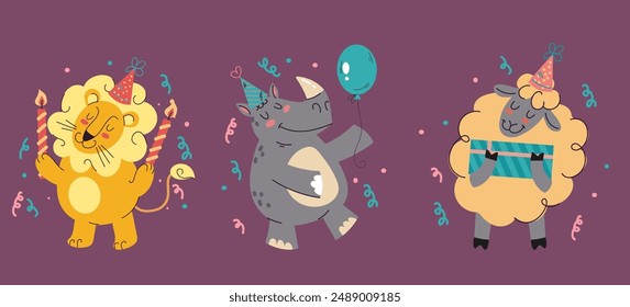 Birthday party element animal template isolated set. Vector flat graphic design illustration
