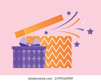 Birthday party element. Multicolored boxes with gifts and presents, surprise. Marketing, discounts and promotions. Graphic element for website, social media sticker. Cartoon flat vector illustration