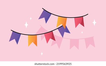 Birthday party element. Multicolored flags to decorate room. Symbol of holidays, activities and events. Graphic element for website, sticker for social networks. Cartoon flat vector illustration