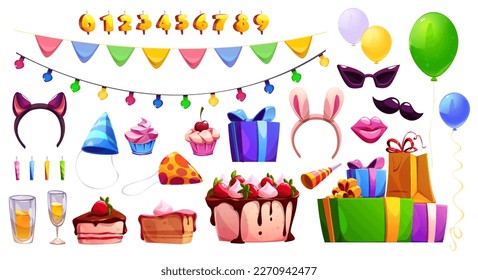 Birthday party elements, cake, balloons, candles and gift boxes. Icons of anniversary celebration decoration, cupcakes, carnival hats and headbands, garland and flags, vector cartoon set