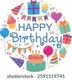 Birthday party elements in circle form and with the inscription. Colorful Happy birthday round banner