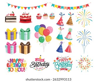 Birthday party elements clipart set. Colorful element clip art collection like cake, balloons, gift box, party hat, pennants and typography decoration in white background vector illustration. 
