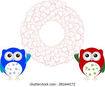 birthday party elements with cute owls and love hearts vector