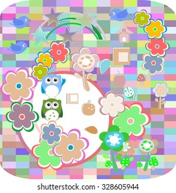 birthday party elements with cute owls and birds, love hearts vector