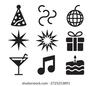 Elementos de festa de aniversário, bola de disco, martini, nota de música, bolo de celebração, chapéu de festa, confete, caixa de presente. Símbolos festivos.