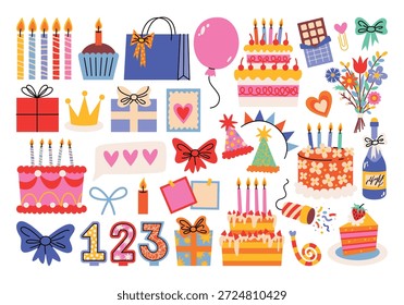 Geburtstagsparty Elemente im Doodle-Stil, Ballons, Geschenke, Kuchen, Kerzen, Geschenkboxen, Bögen, Konfetti. Flache Cartoon-Illustrationen zum Dekorieren von Partys, Geschenken, Grüßen, Geburtstag, Festival, Karneval. Partydekor für die Herstellung von Verpackungen und Postkarten.