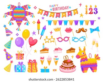 Birthday party elements. Holiday celebrating with decoration. Festive decorative kids accessories stickers. Cute gifts, balloons, dessert, flags, candle. Event objects. Vector set.